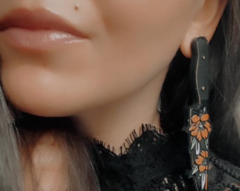 Halloween Resin Earrings 05 - Dagger Knife with Metallic Acrylic Painted Flowers