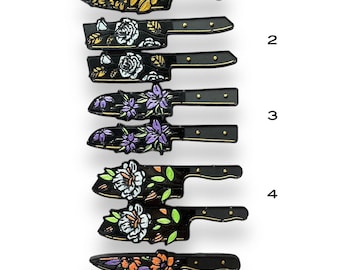 2 Pairs of Halloween Resin Earrings - Dagger Knife with Metallic Acrylic Painted Flowers