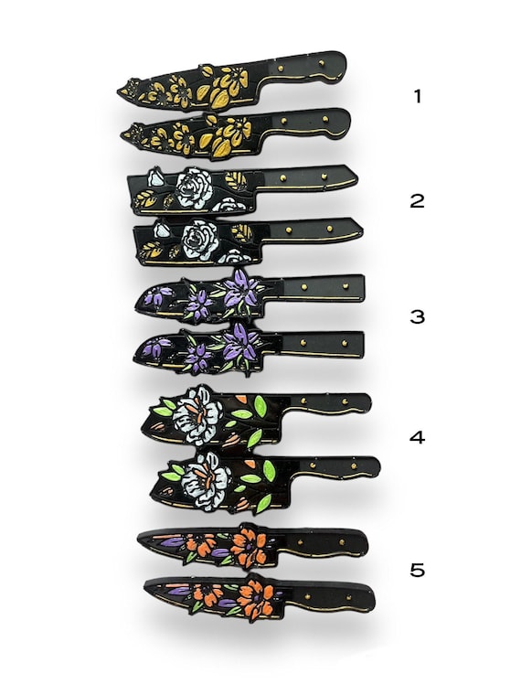 2 Pairs of Halloween Resin Earrings - Dagger Knife with Metallic Acrylic Painted Flowers
