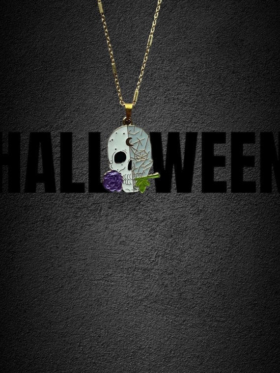 Enamel Skull Charm Halloween Rose Flower Necklace