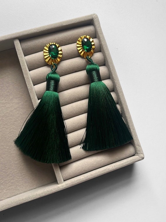 Emerald Green Tassel Drop Earrings with Emerald Rhinestone