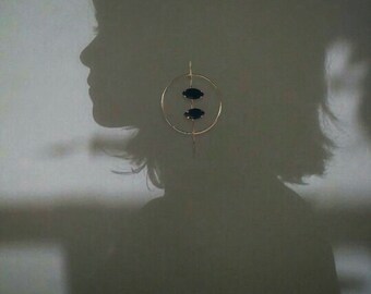 Black Rhinestone Circle Drop Earrings, Geometric Gold Dangle