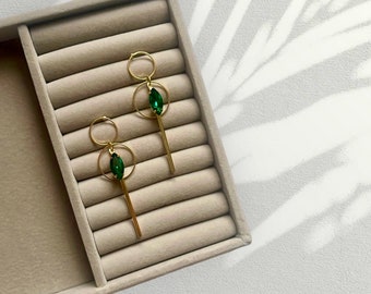 Emerald Rhinestone Drop Earrings, Gold Geometric Dangles
