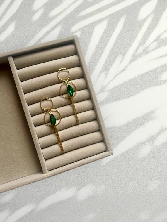 Emerald Rhinestone Drop Dangle Earrings, Statement Drop Dangle Earrings, Gold Earrings for Women, Geometric Earrings