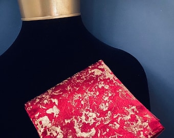 Hand-made Pocket Square: Red with 24k gold painted design