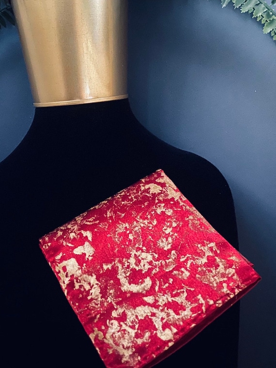 Hand-made Pocket Square: Red with 24k gold painted design