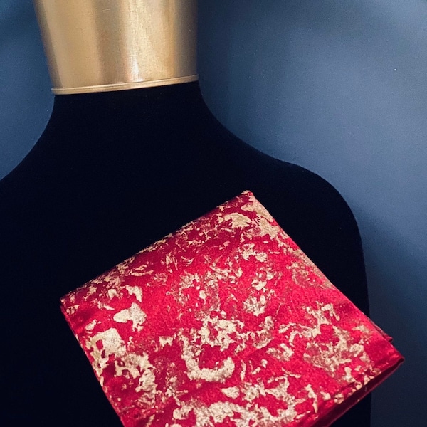 Hand-made Pocket Square: Red with 24k gold painted design