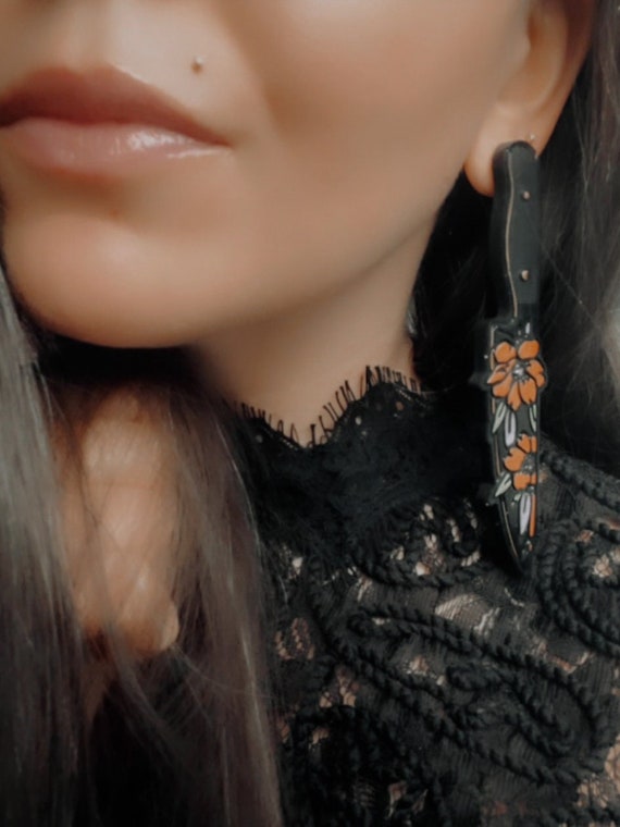 Halloween Resin Earrings 05 - Dagger Knife with Metallic Acrylic Painted Flowers