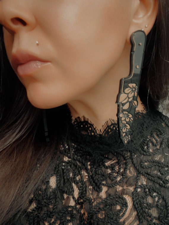 Halloween Resin Earrings 01 - Dagger Knife with Metallic Acrylic Painted Flowers