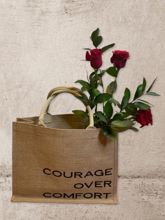 Courage Over Comfort | Burlap Shopper Market Bag Tote Reusable Grocery Bag