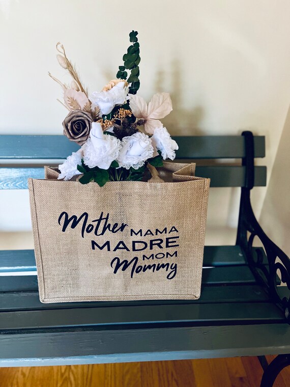 Mother Mama Madre Mom Mommy | Burlap Shopper Market Bag Tote Reusable Grocery Bag Beach Bag Mom Bag