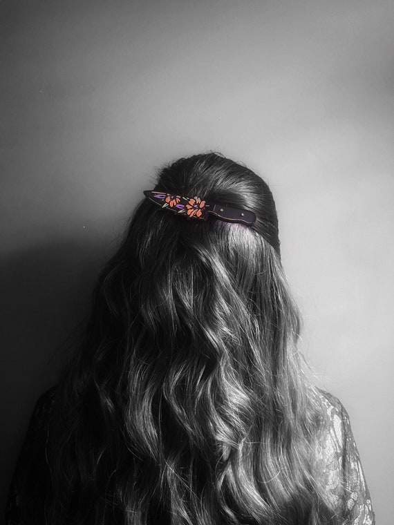 Halloween Resin Metal Hair Clip 05 - Dagger Knife with Metallic Acrylic Painted Flowers. Clips for Hair, Hair Barrettes for Women