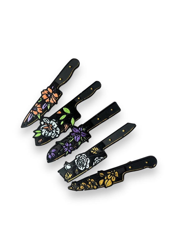 Halloween Resin 5 Metal Hair Clips - Dagger Knife with Metallic Acrylic Painted Flowers. Clips for Hair, Hair Barrettes for Women