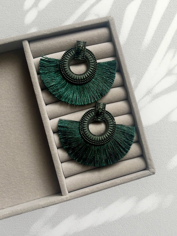 Green Tassel Fan Drop Earrings