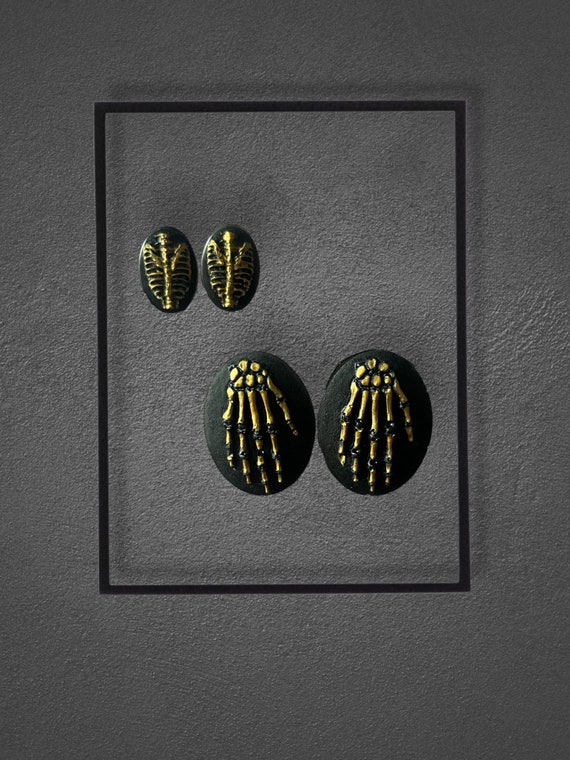 Pair of 2 Halloween Resin Earrings - Metallic Gold Acrylic Paint - Skeleton Hands, Rib Cage, Chest, Abdomen