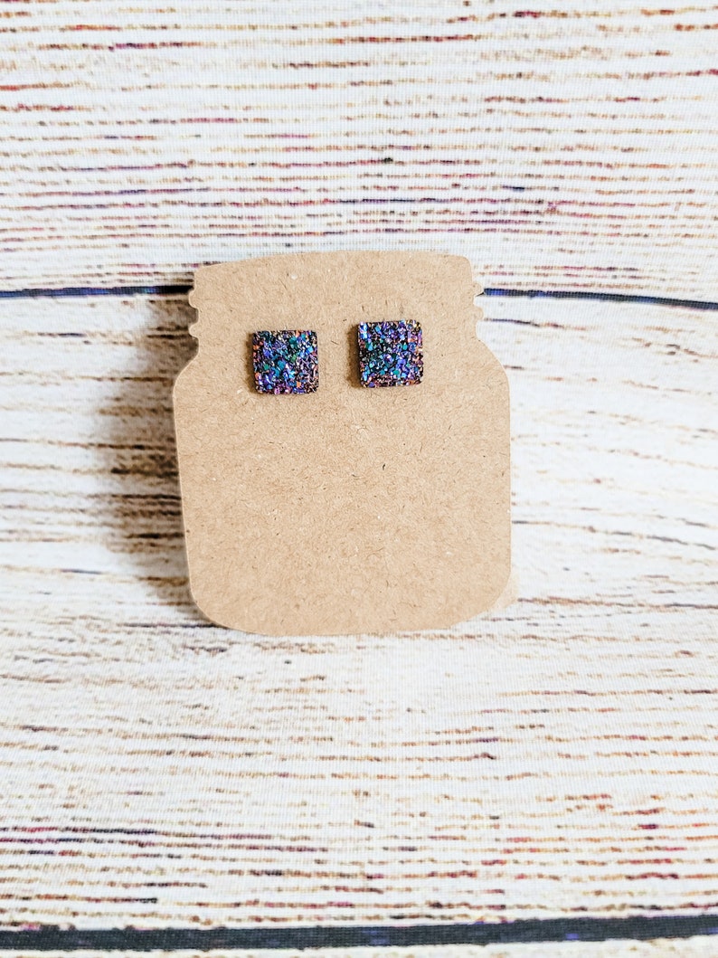 Purple Rainbow Square Druzy Stud