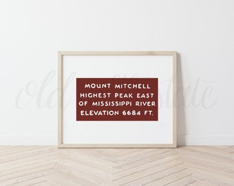 Mt. Mitchell NC Mountain Print // Affiche // Carte // Art mural