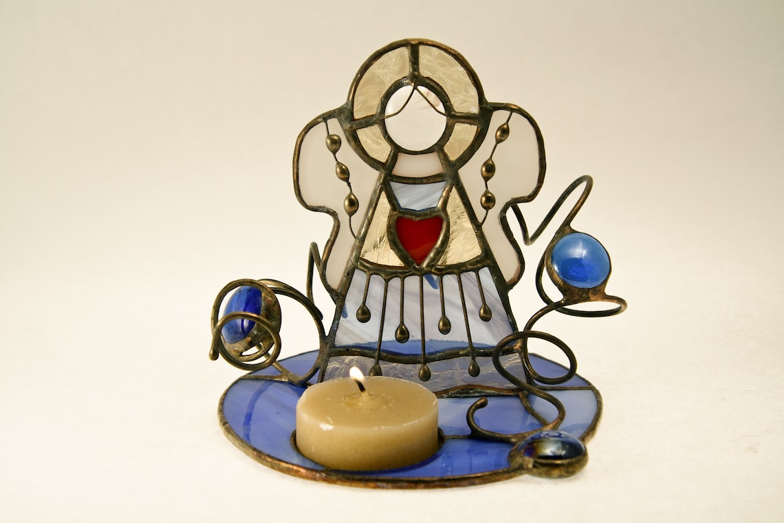Blue Angel Votive Candle Holder Stained Glass Handmade Handle Etsy