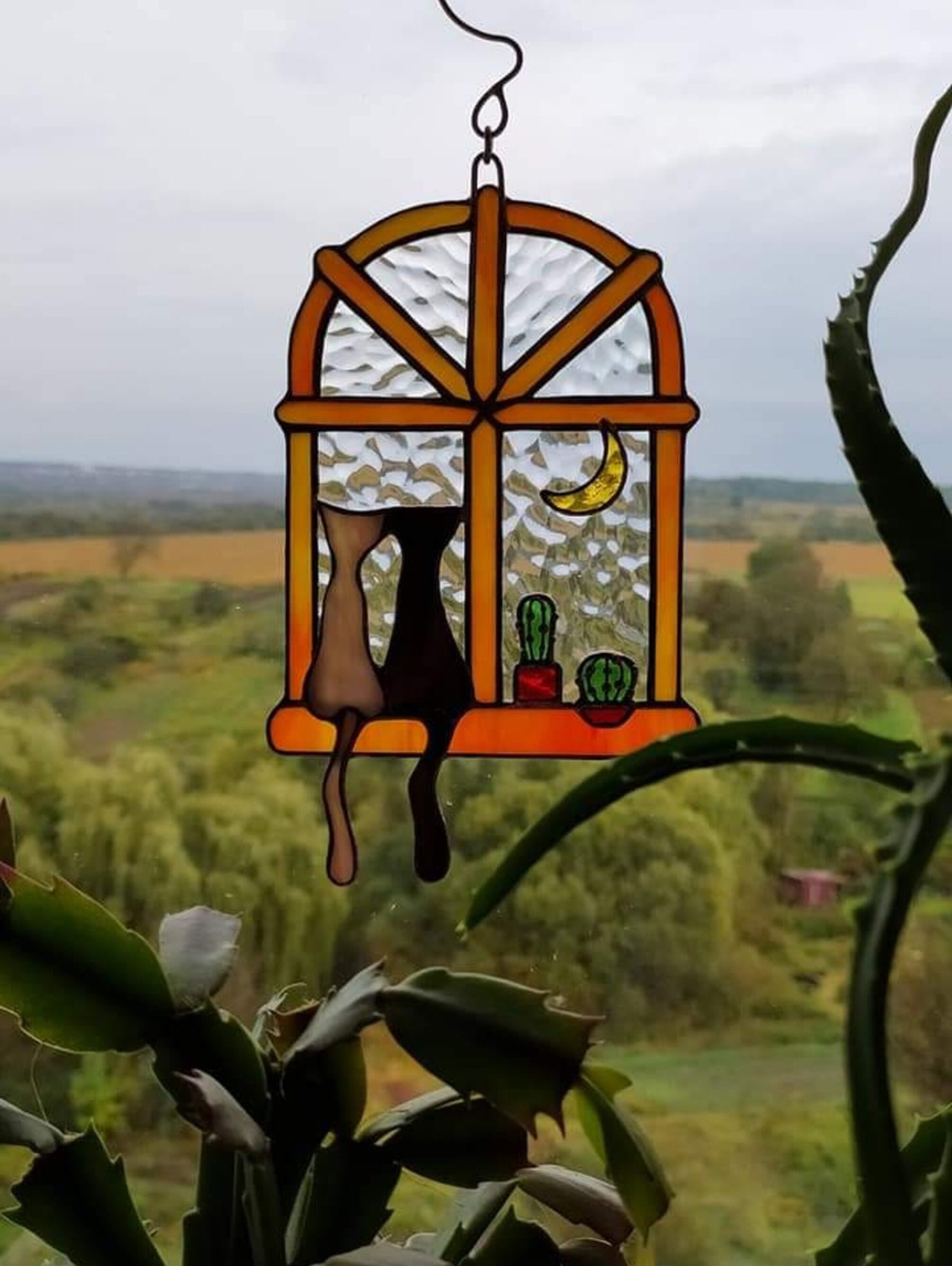 Cats on the Window Stained Glass Suncatcher Cats With Cactus - Etsy