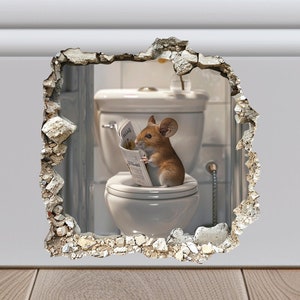Muis zittend op toilet in muisgat sticker, muis lezen in muisgat sticker, muis gat 3D muursticker, realistische muis muur sticker,