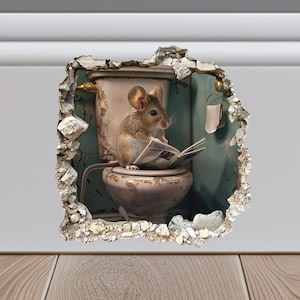 Muis zit op toilet in sticker muisgat, sticker muis leest in muisgat, 3D-muursticker muisgat, realistische muursticker muis,
