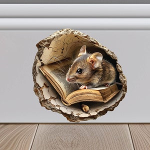 Maus liest ein Buch in Mausloch Aufkleber, Maus Loch 3D Wandaufkleber, Realistische Maus Wandtattoo, Treppen Aufkleber
