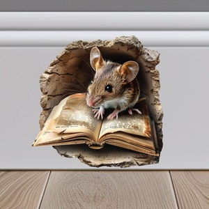 Maus liest ein Buch in Mausloch Aufkleber, Maus Loch 3D Wandaufkleber, Realistische Maus Wandtattoo, Treppen Aufkleber