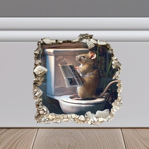 Maus sitzt auf Toilette im Mausloch Aufkleber, Maus liest im Mausloch Aufkleber, Maus Loch 3D Wandaufkleber, realistisches Maus Wandtattoo,
