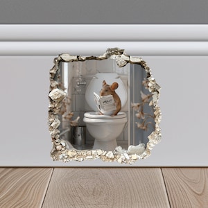 Muis zittend op toilet in muisgat sticker, muis lezen in muisgat sticker, muis gat 3D muursticker, realistische muis muur sticker,