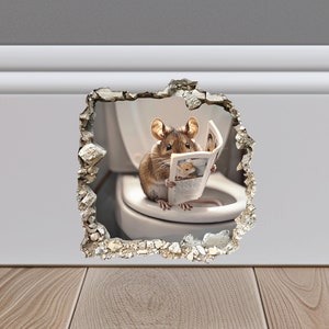 Muis zit op toilet in sticker muisgat, sticker muis leest in muisgat, 3D-muursticker muisgat, realistische muursticker muis,