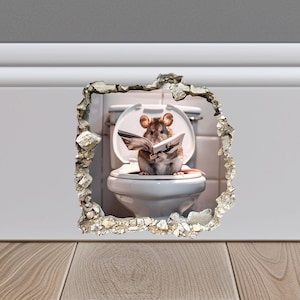 Maus sitzt auf Toilette im Mausloch Aufkleber, Maus liest im Mausloch Aufkleber, Maus Loch 3D Wandaufkleber, realistisches Maus Wandtattoo,