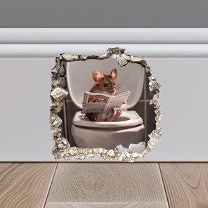 Sticker souris assise sur les toilettes avec trou de souris, sticker souris lisant dans le trou de souris, sticker mural 3D trou de souris, sticker mural souris réaliste,