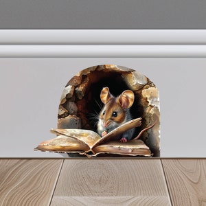 Maus liest ein Buch in Mausloch Aufkleber, Maus Loch 3D Wandaufkleber, Realistische Maus Wandtattoo, Treppen Aufkleber