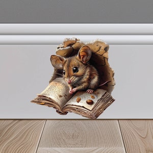 Mouse Reading a Book in Mouse Hole decal, Mouse hole 3D wall sticker, Realistic Mouse Wall Decal, staircase sticker