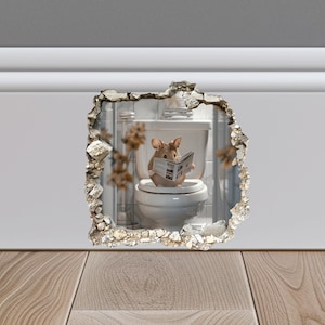 Maus sitzt auf Toilette im Mausloch Aufkleber, Maus liest im Mausloch Aufkleber, Maus Loch 3D Wandaufkleber, realistisches Maus Wandtattoo,