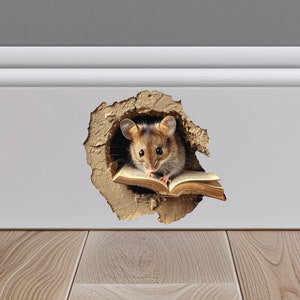 Maus liest ein Buch im Mausloch-Aufkleber, Mausloch-3D-Wandaufkleber, realistischer Maus-Wandaufkleber, Treppenaufkleber
