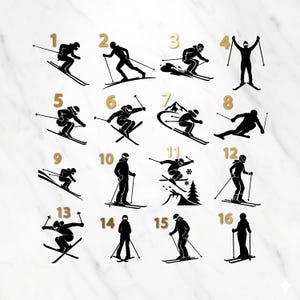 Peut inclure: Une collection de seize silhouettes de skieurs dorés dans diverses poses, sur fond de marbre blanc. Chaque skieur est représenté en action, avec des skis et des bâtons, présentant différentes techniques et styles de ski. Les numéros 1 à 16 sont au-dessus de chaque skieur.