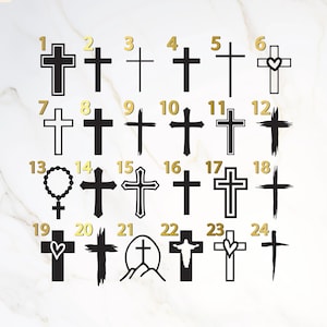 Puede incluir: Una colección de 24 diseños de cruces en negro y dorado. Las cruces varían en estilo, incluyendo líneas simples, detalles ornamentados y acentos de corazón. La imagen está sobre un fondo de mármol claro.