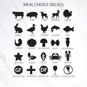 May include: A collection of black and white meal choice decals. The decals feature illustrations of various foods such as beef, pork, lamb, and fish, alongside dietary symbols. Includes options for gluten-free, allergies, dairy-free, alcohol, and alcohol-free. The text reads 'MEAL CHOICE DECALS'.