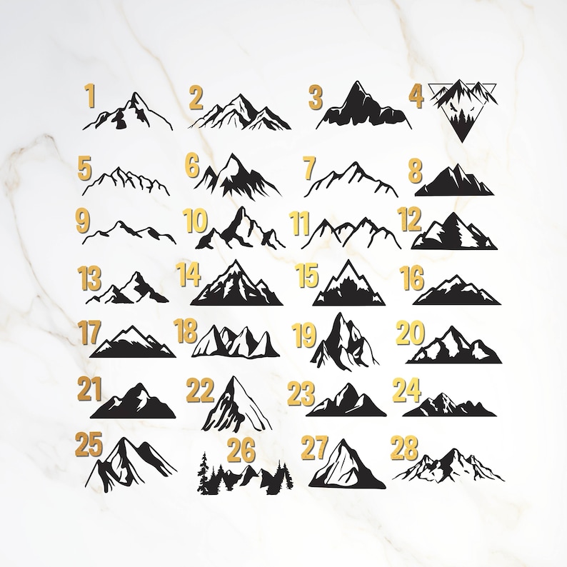 May include: A set of 28 black and white mountain range silhouette illustrations. The illustrations are numbered 1 through 28.
