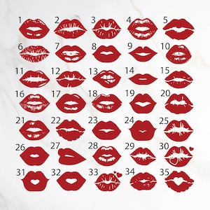 Peut inclure: Une collection de 35 dessins de lèvres rouges, chacun avec une forme et un style uniques. Les lèvres sont disposées en grille, présentant diverses expressions et formes, parfaites pour des projets créatifs.