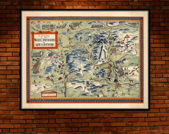 LARGE White Mountains NH Map of the White Mountains of New Hampshire Framed poster 1960 Antique Art Print Map Attitash Bartlett Franconia