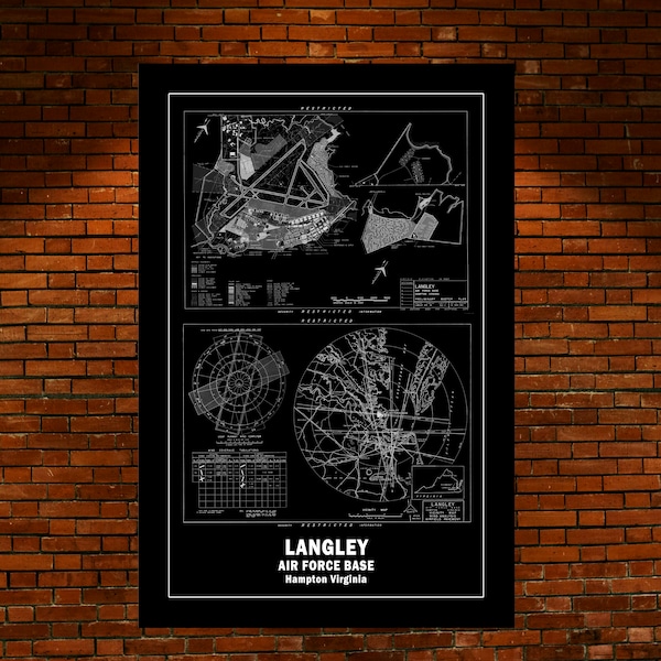 Langley Air Force Base Airport Map Print AFB USAF Top Secret Map : Hampton Virginia Poster Restricted security Wind analysis Wall Art