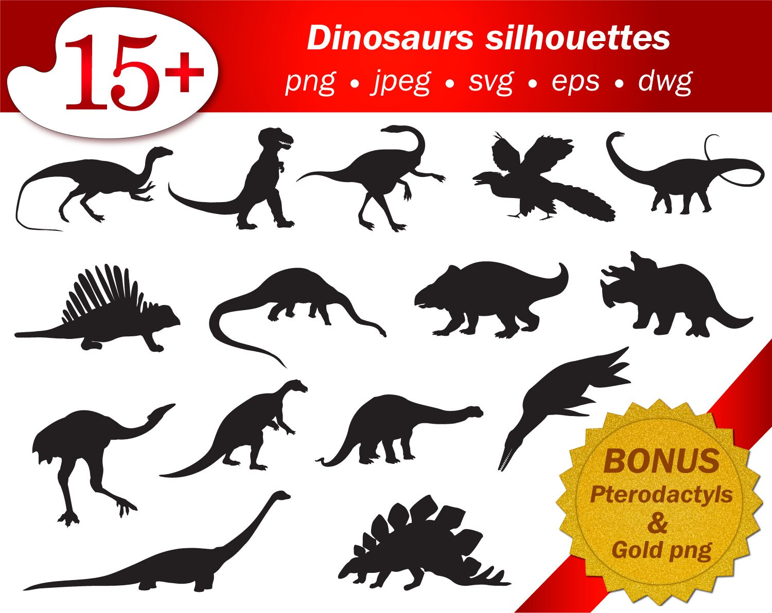 Download Dinosaurs Svg Silhouette Collection Stencil Template Cricut Cameo Cutting Files Printable Vector Editable Svg Png Gold Free Pterodactyls