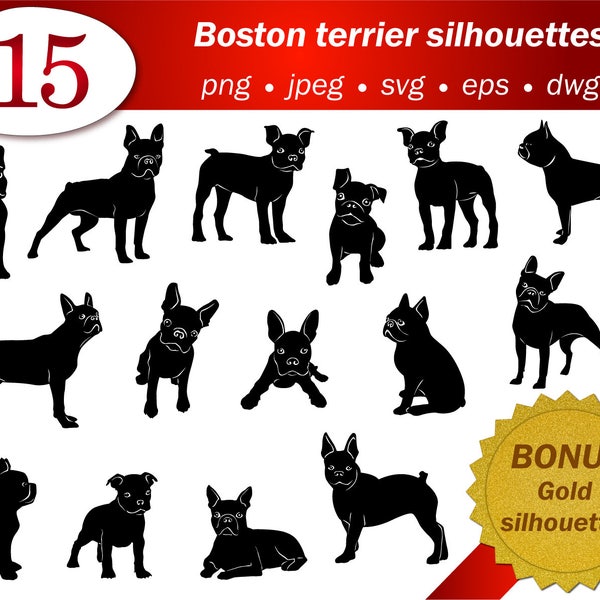 Boston terrier art numérique clipart chien silhouette cameo cricut coupe fichiers svg vectoriel modifiable dwg imprimable png gratuit paillettes d’or adulte