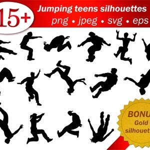 Jumping people silhouette teens svg stencil template png moving jump girl vector editable cameo cricut files cutting printable free gold png