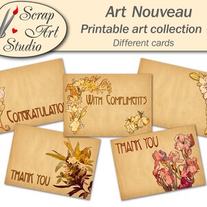 May include: A set of Art Nouveau printable cards with floral designs and text. The cards feature phrases such as "Congratulations," "Thank You," and "With Compliments." The cards have a vintage aesthetic with a beige background and decorative floral borders.