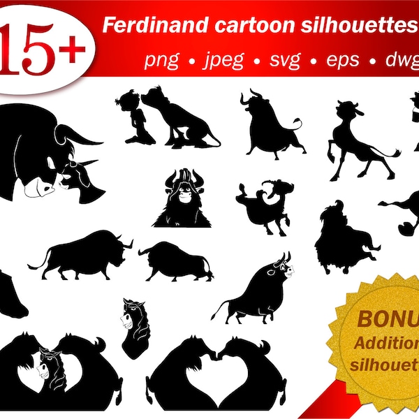 SVG laser cut vector stencil files of Ferdinand cartoon silhouette template cricut cameo editable printable free additional silhouette