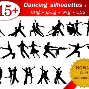 May include: A set of 15 black and white silhouette images of couples dancing. The images are in various poses and are suitable for use in digital projects or printed materials. The text "Dancing silhouettes. 3 png. jpeg. svg. eps" is at the top of the image. The text "BONUS Gold silhouettes" is in a gold star shape at the bottom of the image.