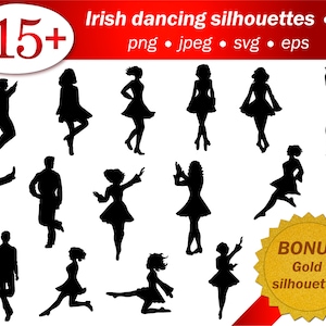 Silhouette de danseuse irlandaise SVG. Silhouette caméo Cricut People silhouette. Silhouette PNG. Paillettes d’or. Fichier vectoriel modifiable, jpeg, png